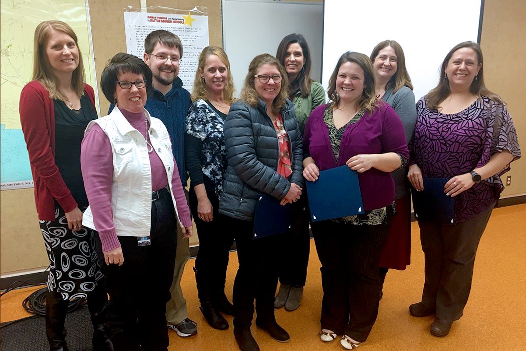 National Board Facilitators Deborah Ortner and Lorri Sibley with Battle Ground Public Schools’ newest National Board Certified Teachers, William Baur, Marla Caesar, Gloria Ferguson, Angie Foster, Maryke Haynes, Amy Hicks, and Amanda Howard.