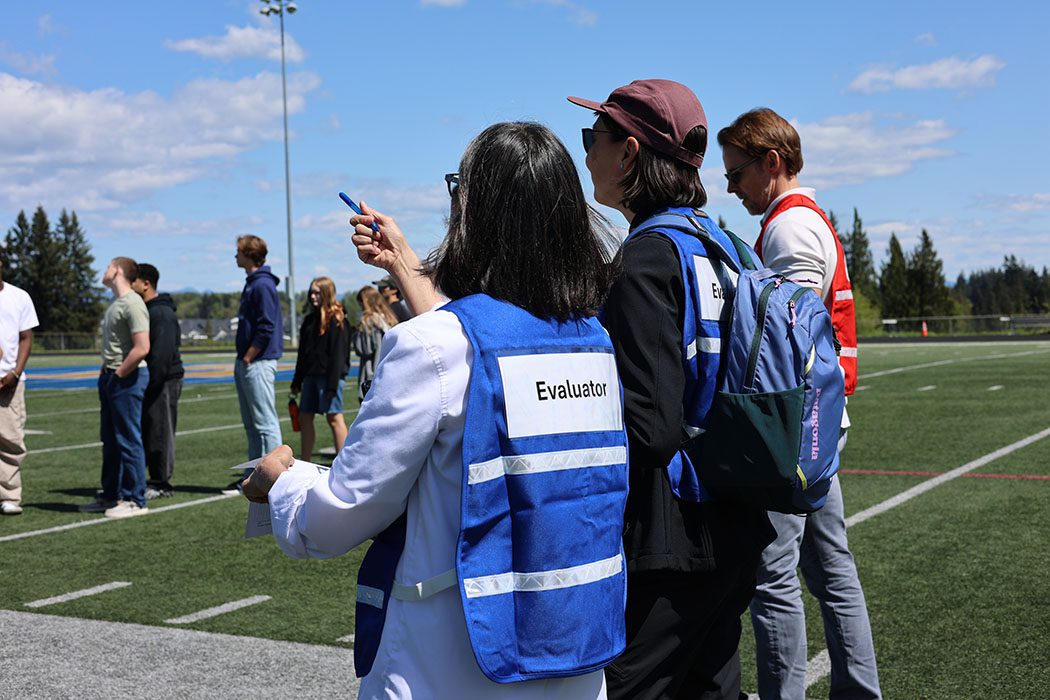 Evaluators observe the practice evacuation