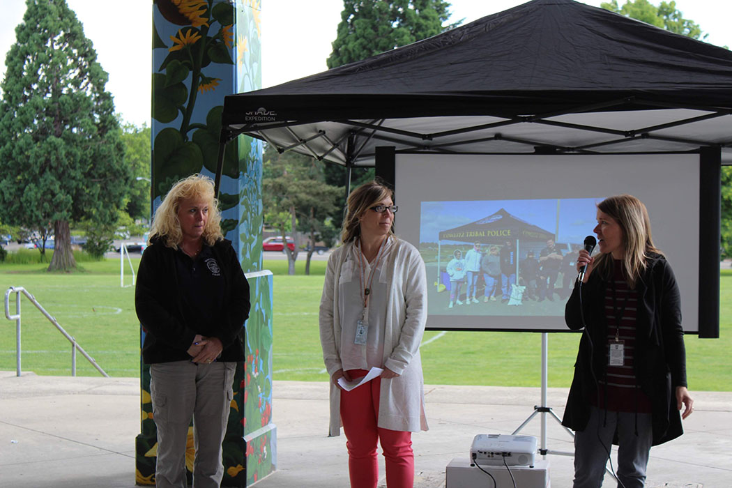 Joy Lyons and Alaina Green award Kathy McNicholas from Vancouver Police Department on behalf of Prevent Coalition