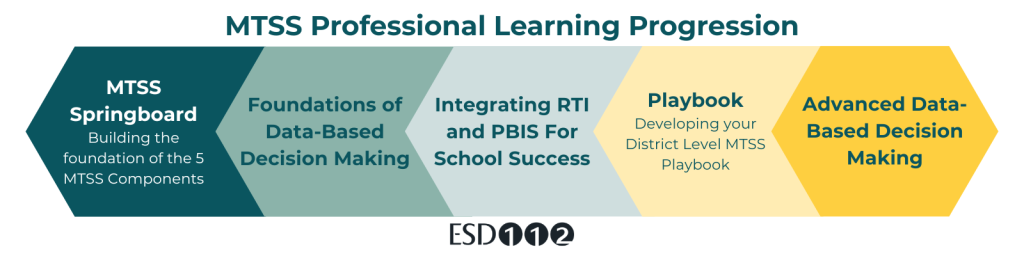 MTSS Learning Progression: MTSS Springboard - Building the Foundation of the 5 MTSS Components, Foundations of Data-Based Decision Making, Integrating RTI and PBIS for School Success, Playbook - Developing your District Level MTSS Playbook, Advanced Data-Based Decision Making.