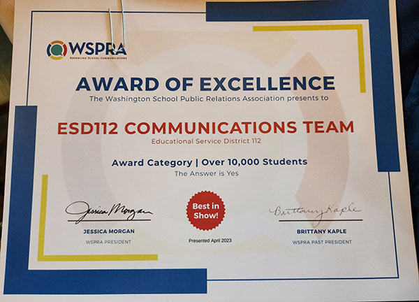 ESD 112 WSPRA Award for Best in Category